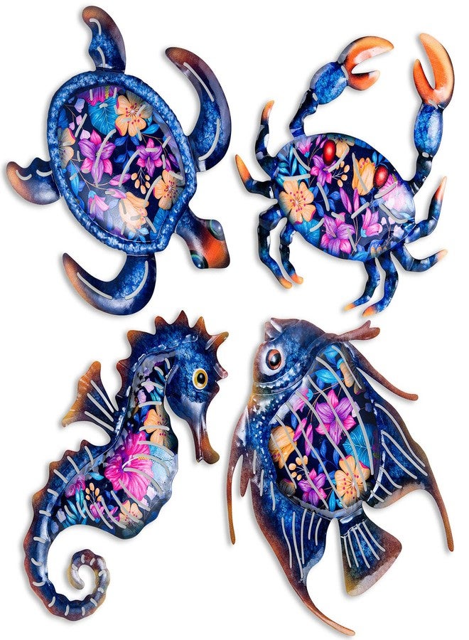 SUNREEK 4Pcs Metal Ocean Wall Decor, Blue Turtle Fish Crab Seahorse Wall Art for Coast Beach Pool Yard Fence Garden Bathroom Decoration (Ocean-A) - Image 1